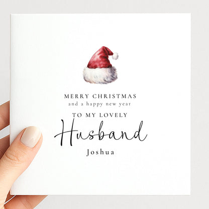 Personalised Husband Christmas Card, Santa Hat Christmas Card, Simple Elegant Custom Name Card