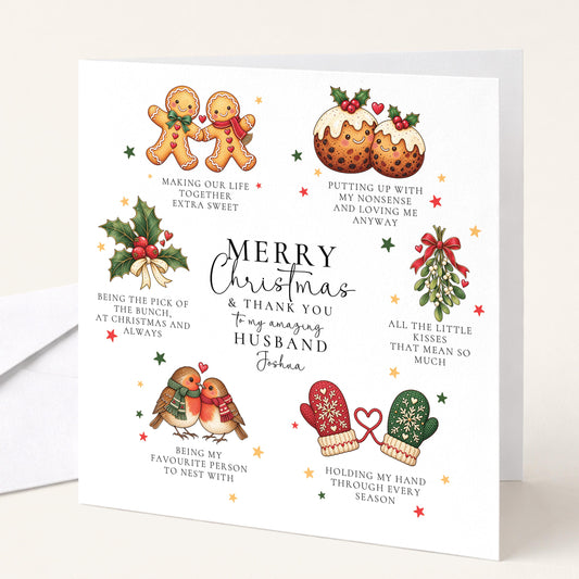 Personalised Husband Christmas Card, Thank You Husband Funny Romantic Card, Gingerbread Robins Mittens, Custom Name