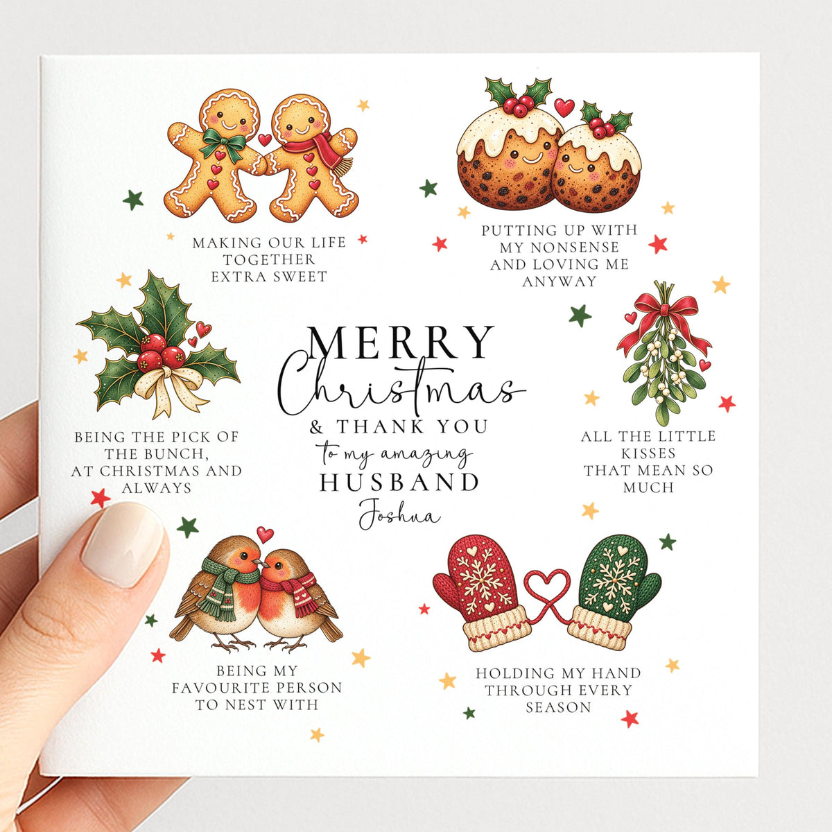 Personalised Husband Christmas Card, Thank You Husband Funny Romantic Card, Gingerbread Robins Mittens, Custom Name
