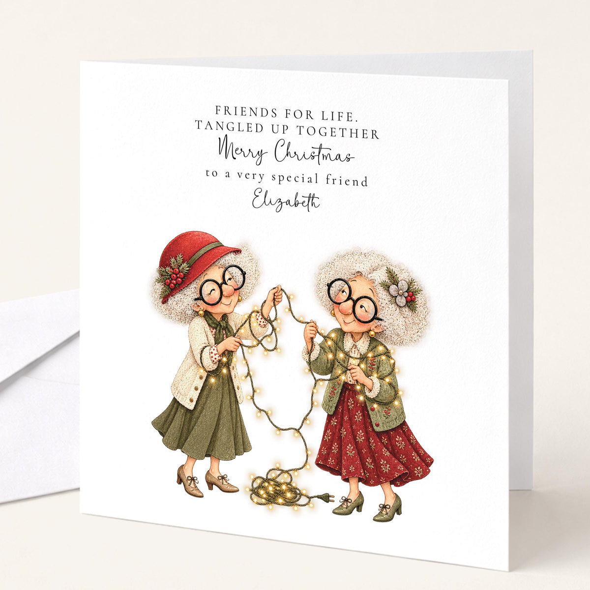 Personalised Best Friend Christmas Card, Friends For Life Tangled Lights Card, Custom Name Christmas Card