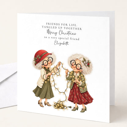 Personalised Best Friend Christmas Card, Friends For Life Tangled Lights Card, Custom Name Christmas Card