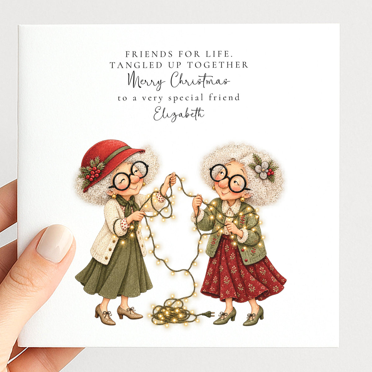 Personalised Best Friend Christmas Card, Friends For Life Tangled Lights Card, Custom Name Christmas Card