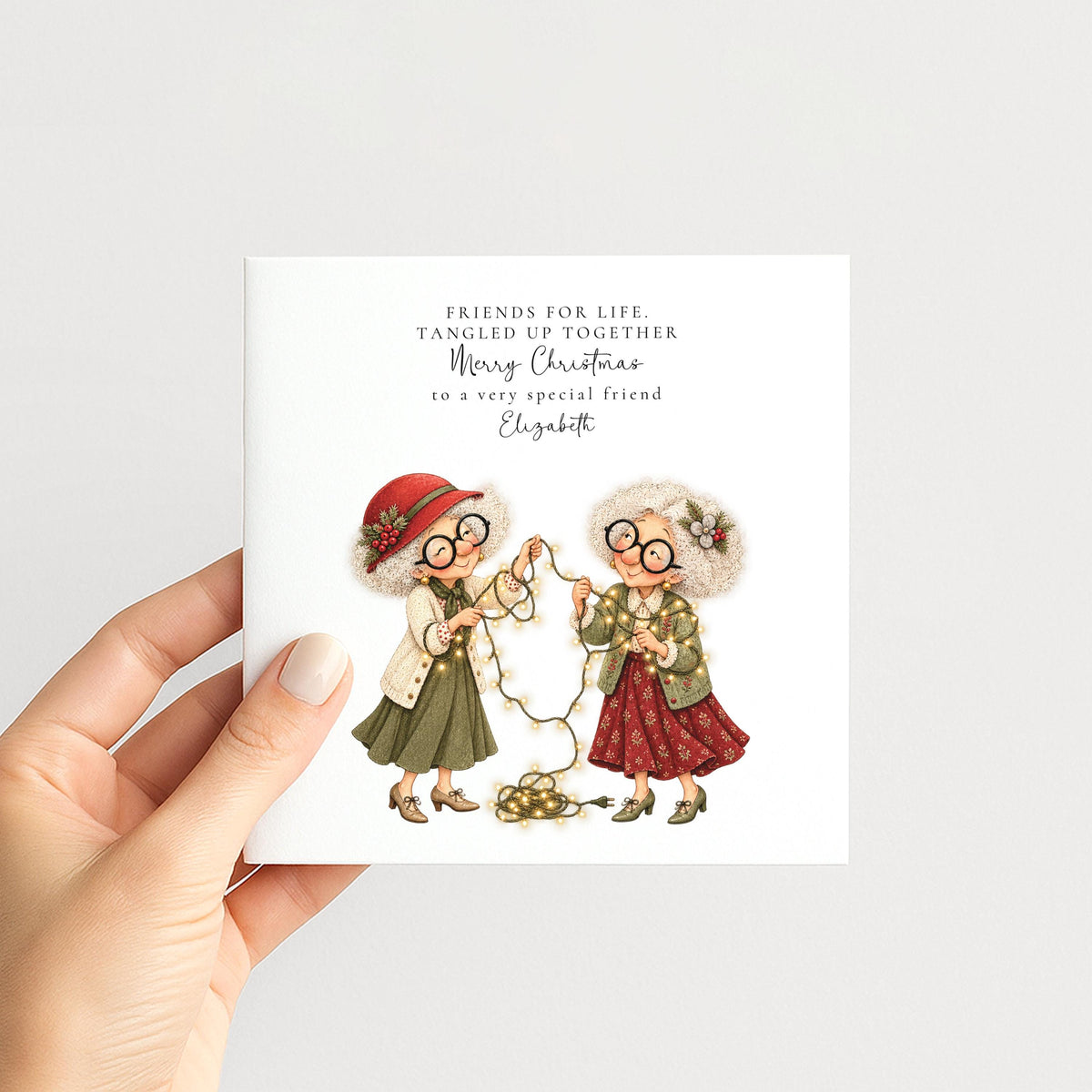 Personalised Best Friend Christmas Card, Friends For Life Tangled Lights Card, Custom Name Christmas Card