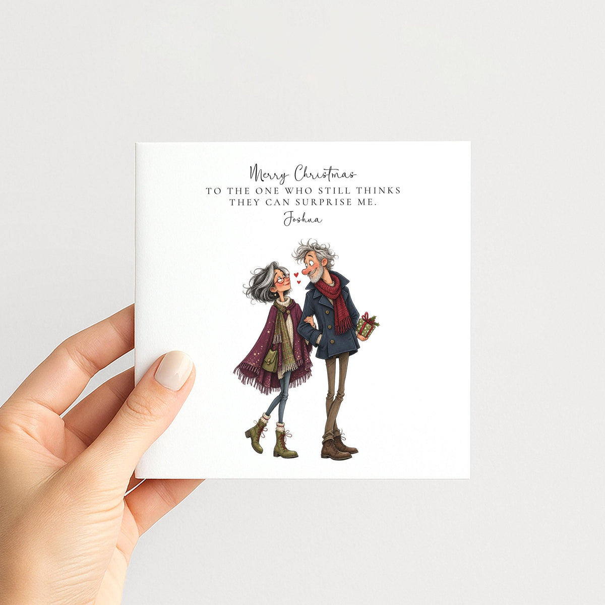 Personalised Husband Christmas Card, Still Thinks He Can Surprise Me, Funny Custom Name Card