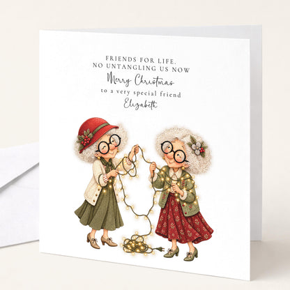 Personalised Best Friend Christmas Card, No Untangling Us Now Fairy Lights Card, Custom Name Card