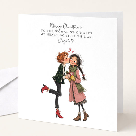 Personalised Girlfriend Christmas Card, Woman Who Makes My Heart Do Silly Things, Custom Name Card