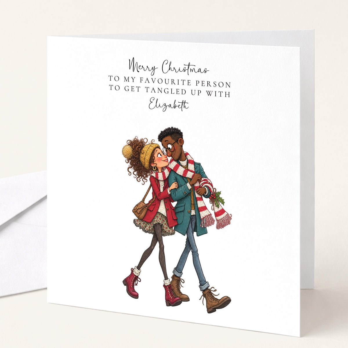 Personalised Partner Christmas Card, Tangled Up With You, Black Couple Custom Name Card