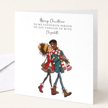 Personalised Partner Christmas Card, Tangled Up With You, Black Couple Custom Name Card