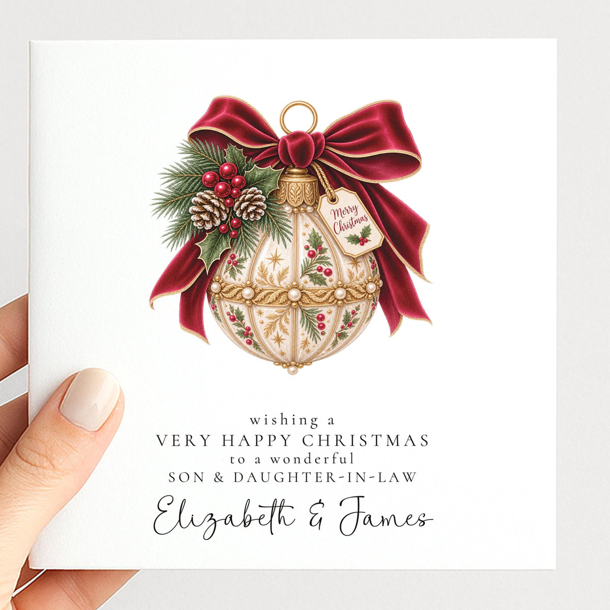 Personalised Son & Daughter-in-Law Christmas Card, Very Happy Christmas Card, Custom Names Bauble Christmas Card