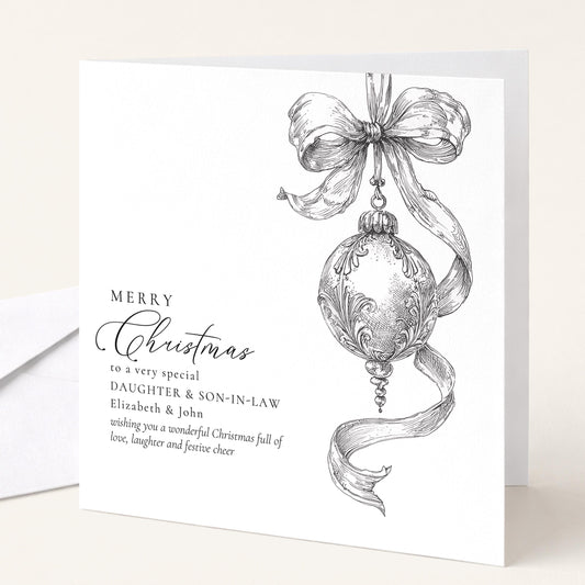 Personalised Daughter & Son-in-Law Christmas Card, Elegant Bauble Sketch Design, Custom Names Card