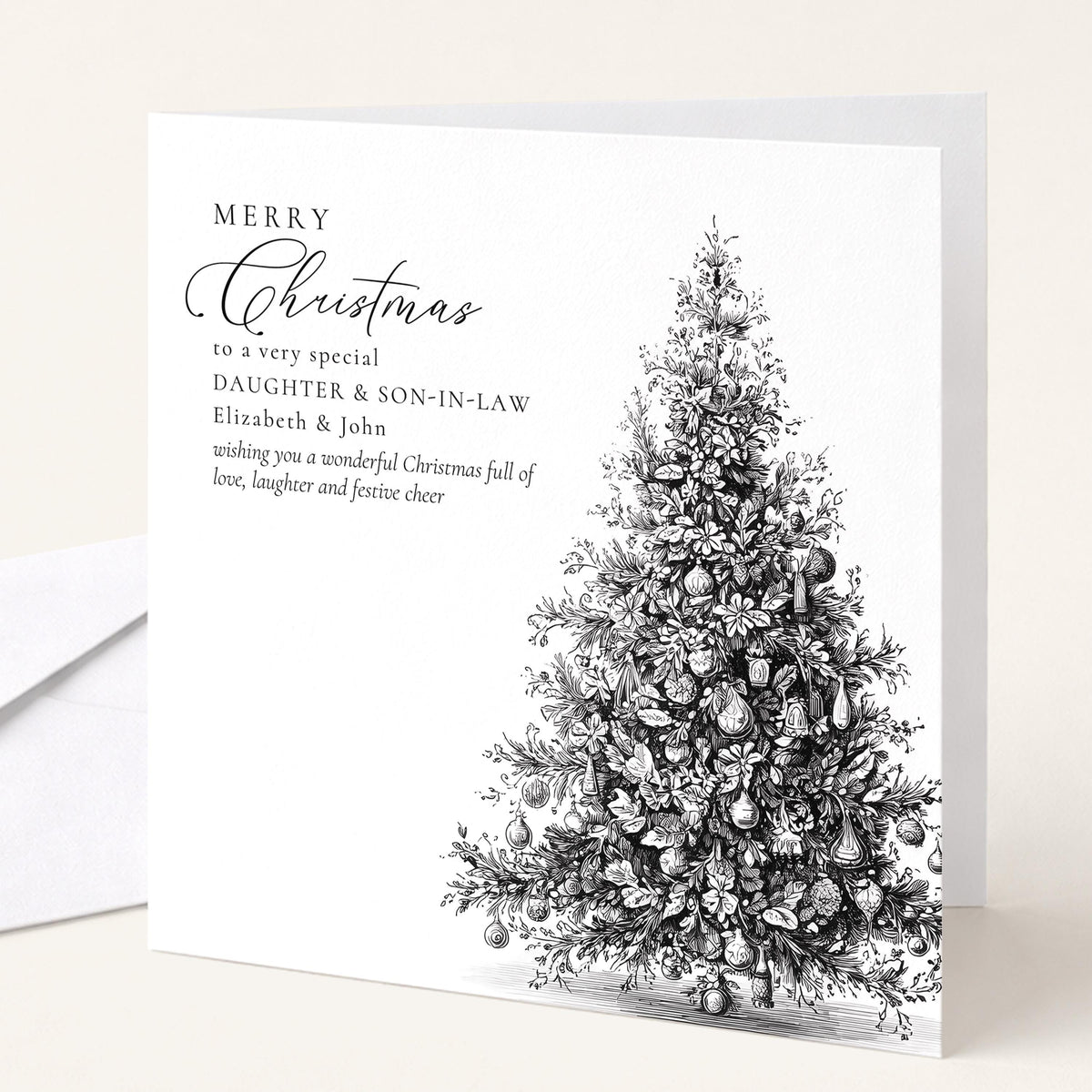 Personalised Daughter & Son-in-Law Christmas Card, Elegant Tree Sketch Design, Custom Names Card