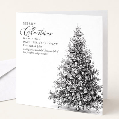 Personalised Daughter & Son-in-Law Christmas Card, Elegant Tree Sketch Design, Custom Names Card