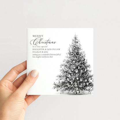 Personalised Daughter & Son-in-Law Christmas Card, Elegant Tree Sketch Design, Custom Names Card