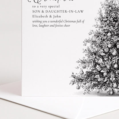 Personalised Son & Daughter-in-Law Christmas Card, Elegant Tree Sketch Design, Custom Names Card