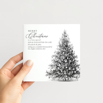 Personalised Son & Daughter-in-Law Christmas Card, Elegant Tree Sketch Design, Custom Names Card