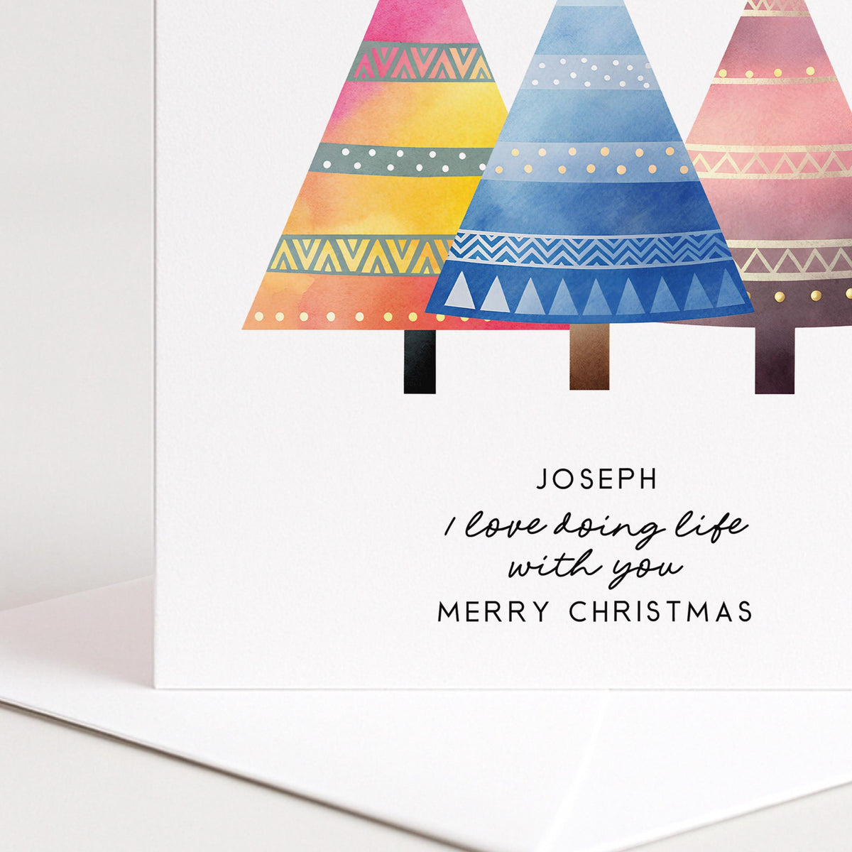 Personalised Husband Christmas Card, I Love Doing Life With You, Custom Name Colourful Trees Card