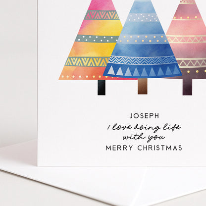 Personalised Husband Christmas Card, I Love Doing Life With You, Custom Name Colourful Trees Card