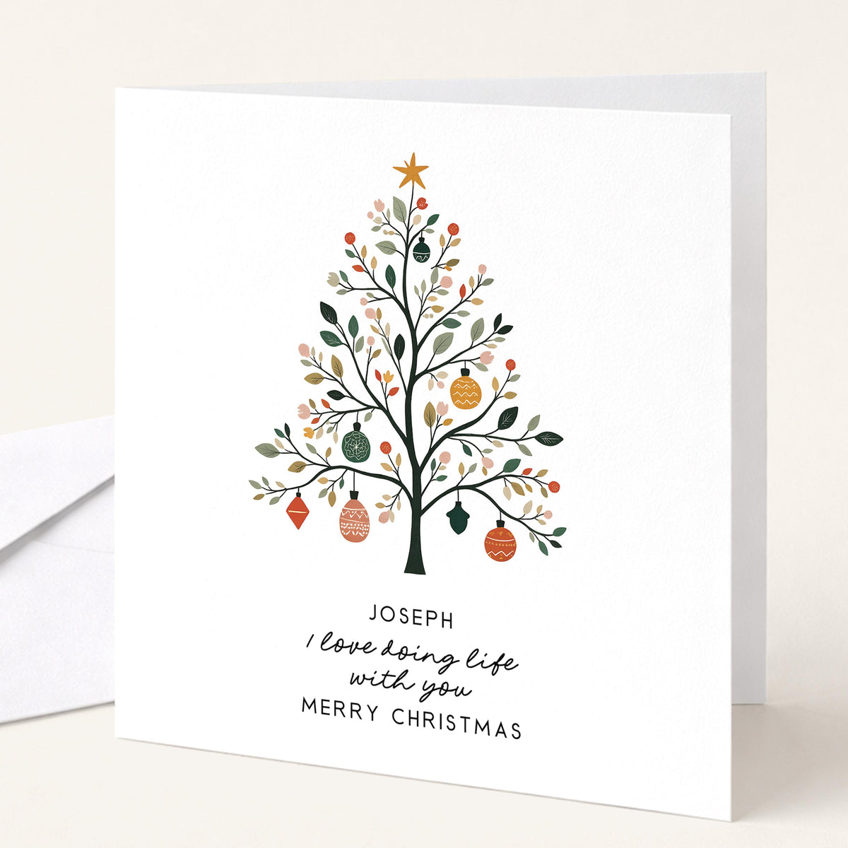 Personalised Husband Christmas Card, I Love Doing Life With You, Botanical Nordic Tree Custom Name Card