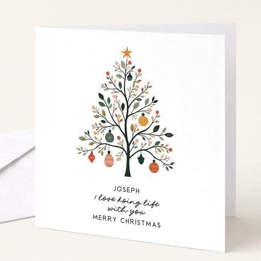 Personalised Husband Christmas Card, I Love Doing Life With You, Botanical Nordic Tree Custom Name Card