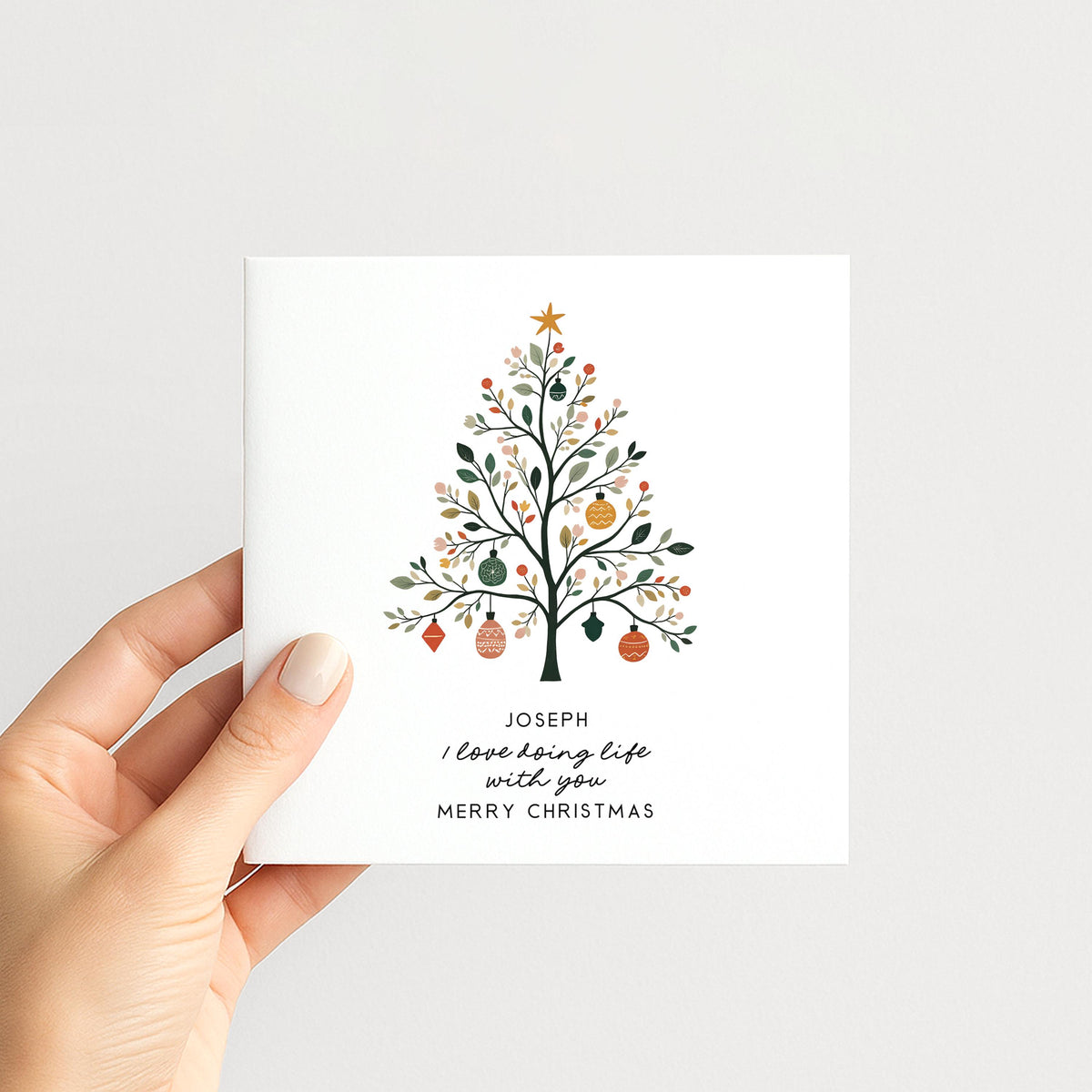 Personalised Husband Christmas Card, I Love Doing Life With You, Botanical Nordic Tree Custom Name Card