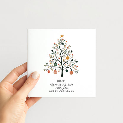 Personalised Husband Christmas Card, I Love Doing Life With You, Botanical Nordic Tree Custom Name Card