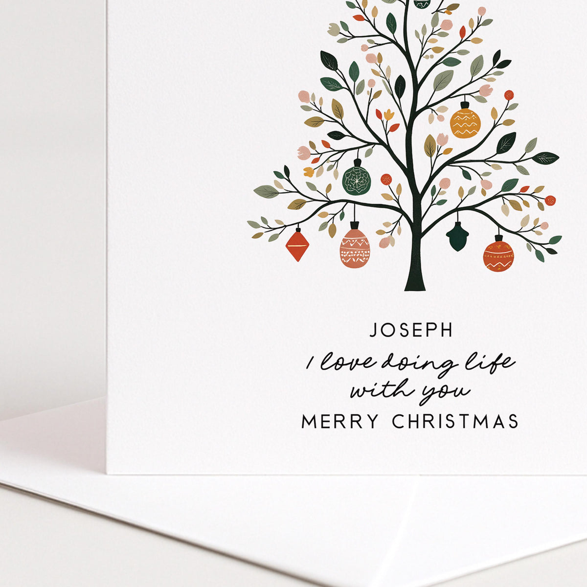 Personalised Husband Christmas Card, I Love Doing Life With You, Botanical Nordic Tree Custom Name Card