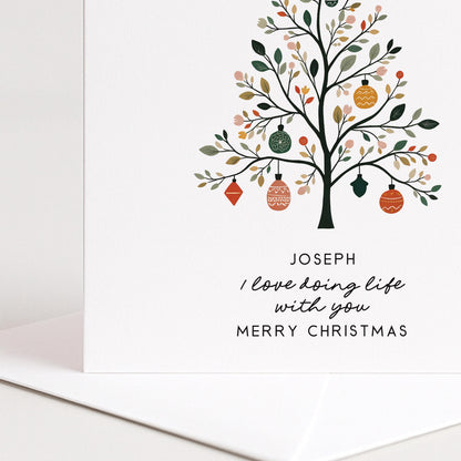 Personalised Husband Christmas Card, I Love Doing Life With You, Botanical Nordic Tree Custom Name Card