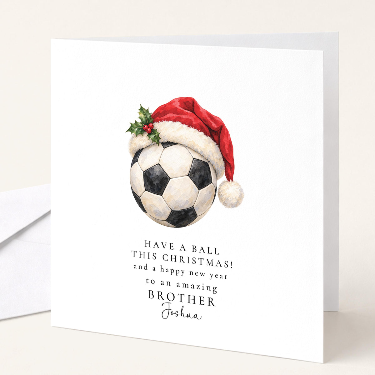 Personalised Brother Christmas Card, Football Santa Hat, Have A Ball, Custom Name Card