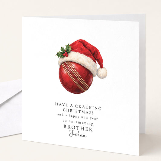 Personalised Brother Christmas Card, Cricket Santa Hat, Have A Cracking Christmas, Custom Name Card