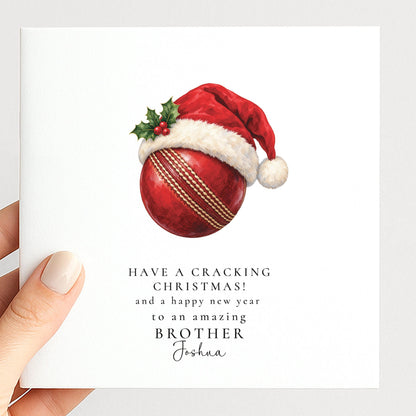 Personalised Brother Christmas Card, Cricket Santa Hat, Have A Cracking Christmas, Custom Name Card