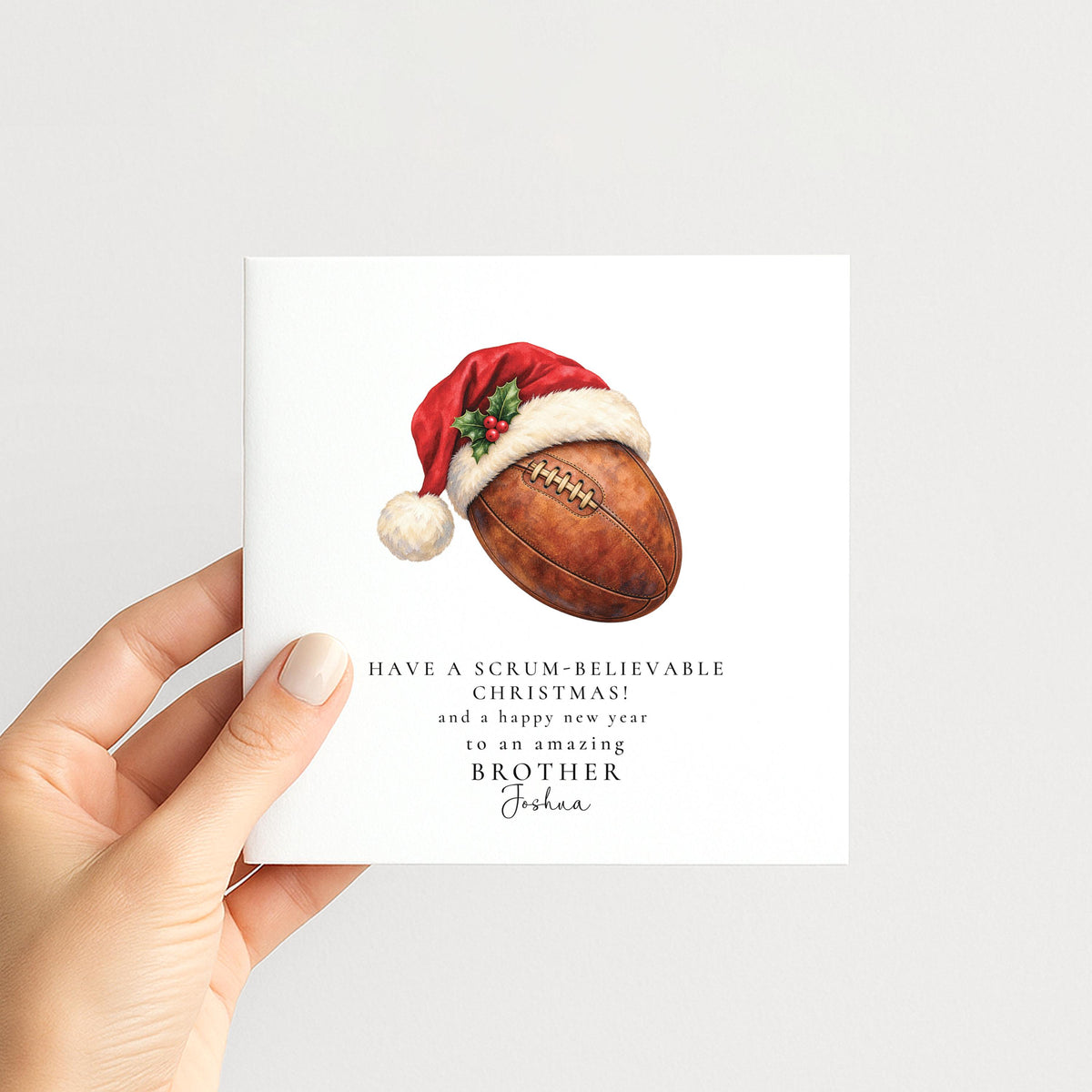 Personalised Brother Christmas Card, Rugby Santa Hat, Scrum-Believable Christmas, Custom Name Card