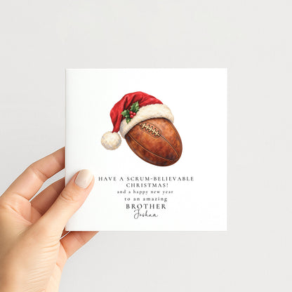 Personalised Brother Christmas Card, Rugby Santa Hat, Scrum-Believable Christmas, Custom Name Card