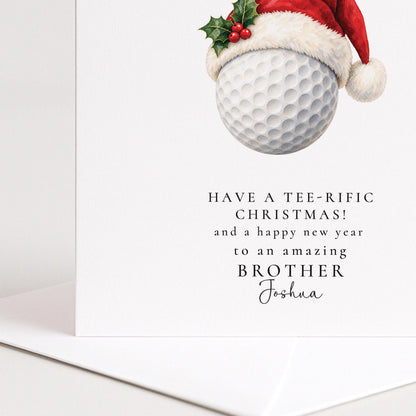 Personalised Brother Christmas Card, Golf Santa Hat, Tee-Rific Christmas, Custom Name Card