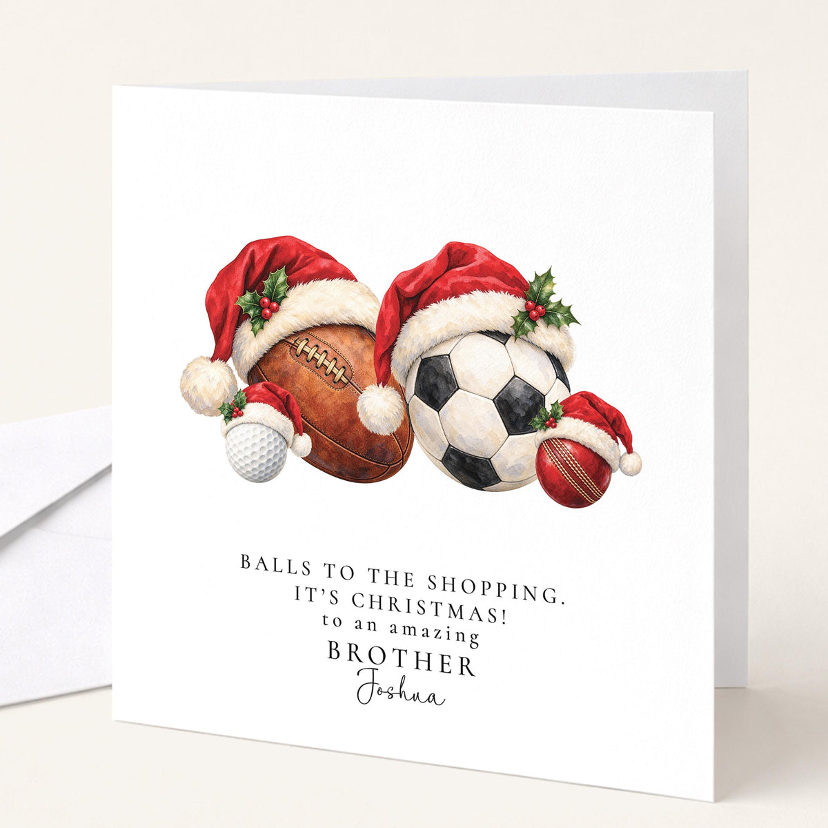 Personalised Brother Christmas Card, Sports Balls In Santa Hats, Balls To The Shopping, Custom Name