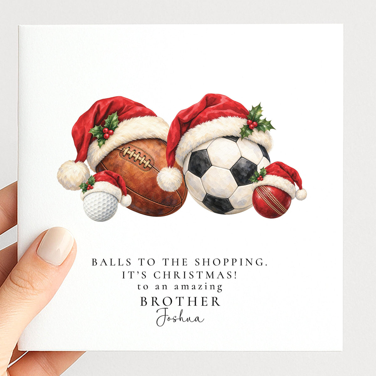 Personalised Brother Christmas Card, Sports Balls In Santa Hats, Balls To The Shopping, Custom Name