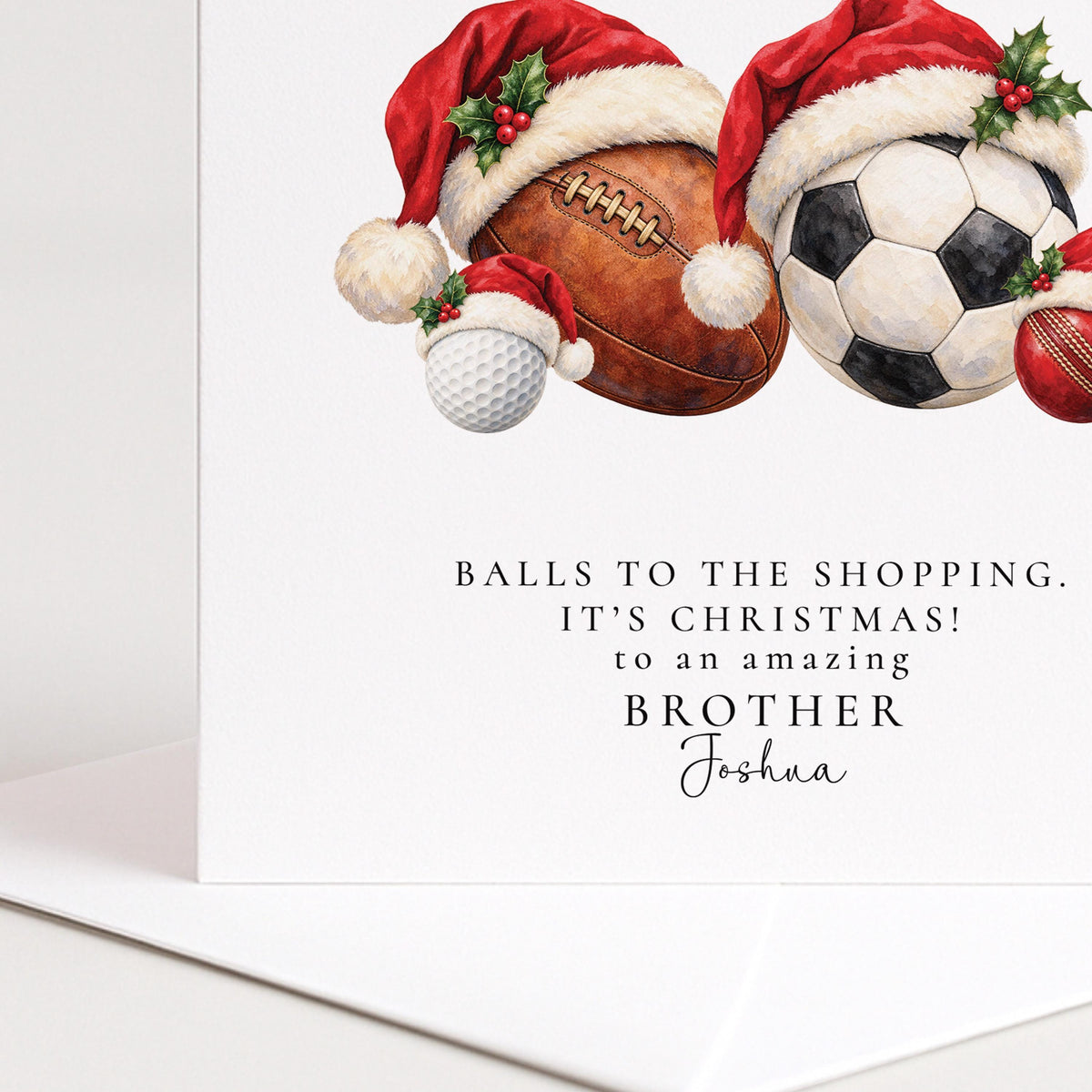 Personalised Brother Christmas Card, Sports Balls In Santa Hats, Balls To The Shopping, Custom Name