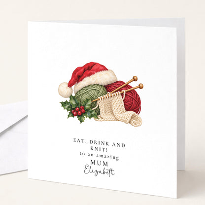 Personalised Mum Christmas Card, Knitting Santa Hat, Eat Drink And Knit, Custom Name Card WhimsiLilley