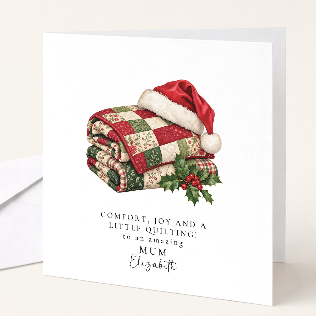 Personalised Mum Christmas Card, Quilting Santa Hat, Comfort Joy And Quilting, Custom Name Card WhimsiLilley