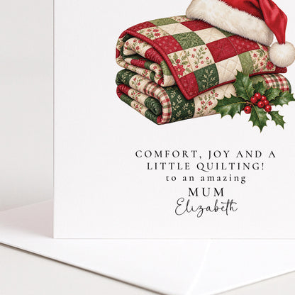 Personalised Mum Christmas Card, Quilting Santa Hat, Comfort Joy And Quilting, Custom Name Card WhimsiLilley