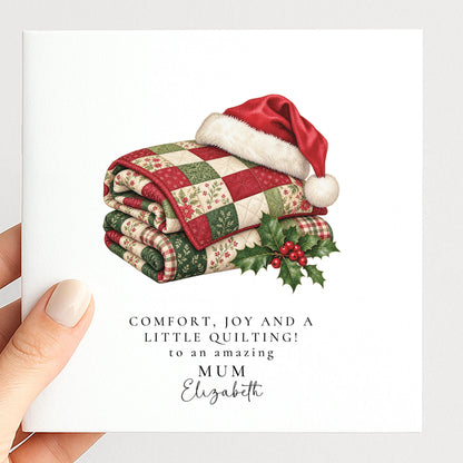 Personalised Mum Christmas Card, Quilting Santa Hat, Comfort Joy And Quilting, Custom Name Card WhimsiLilley