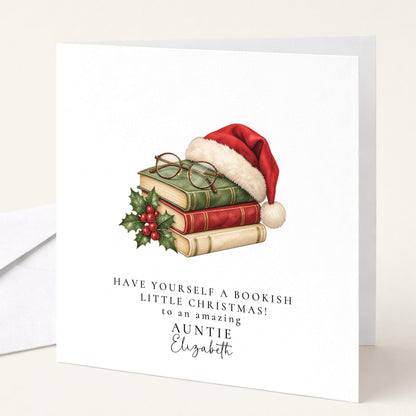 Personalised Auntie Christmas Card, Bookish Santa Hat, Bookish Little Christmas, Custom Name Card WhimsiLilley