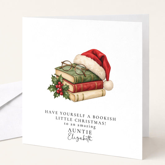 Personalised Auntie Christmas Card, Bookish Santa Hat, Bookish Little Christmas, Custom Name Card WhimsiLilley