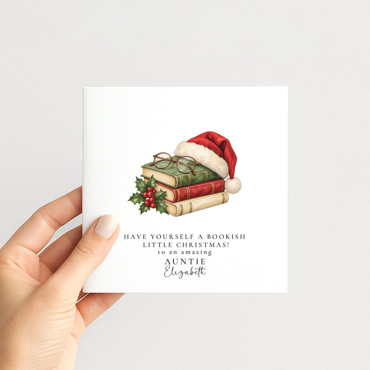 Personalised Auntie Christmas Card, Bookish Santa Hat, Bookish Little Christmas, Custom Name Card WhimsiLilley