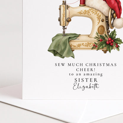 Personalised Sister Christmas Card, Sewing Machine Santa Hat, Sew Much Christmas Cheer, Custom Name Card WhimsiLilley