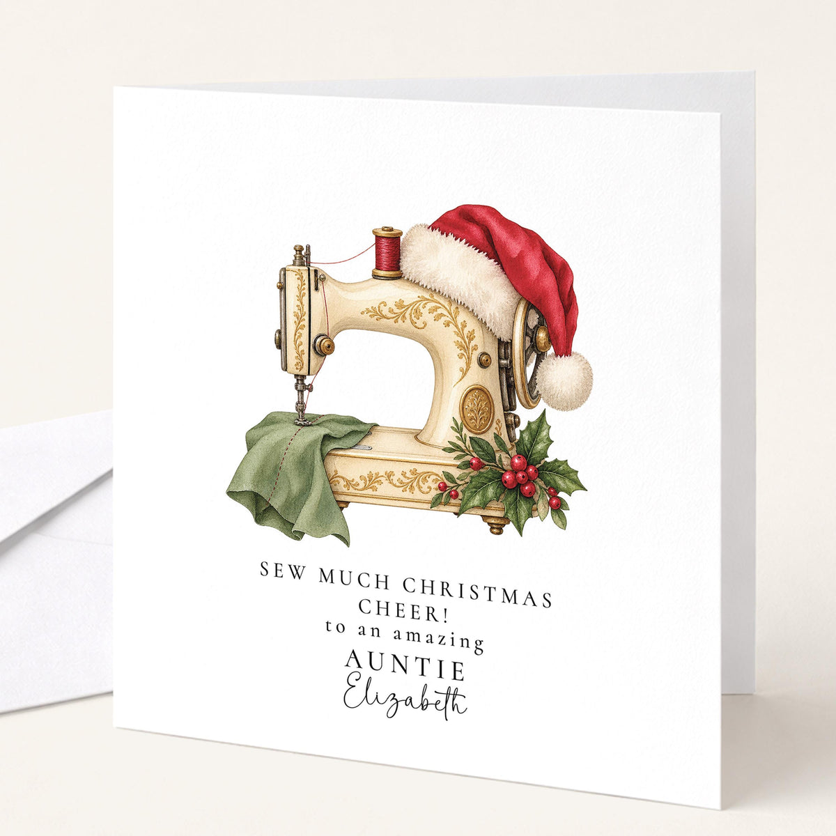 Personalised Auntie Christmas Card, Sewing Machine Santa Hat, Sew Much Christmas Cheer, Custom Name Card WhimsiLilley