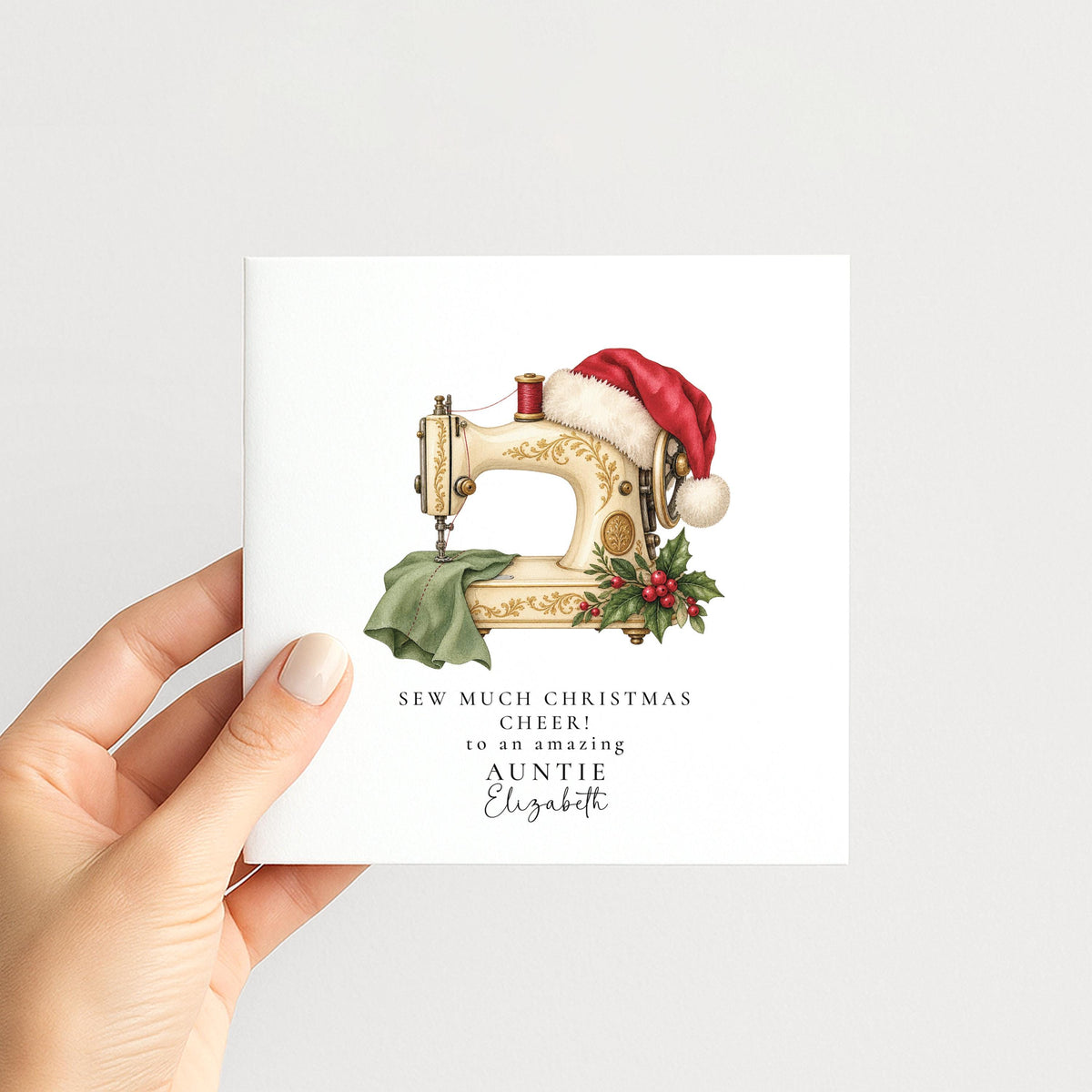 Personalised Auntie Christmas Card, Sewing Machine Santa Hat, Sew Much Christmas Cheer, Custom Name Card WhimsiLilley