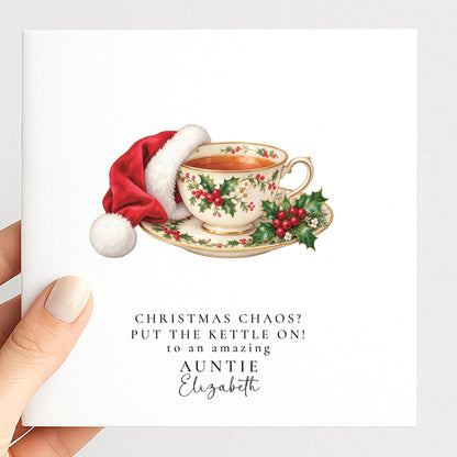 Personalised Auntie Christmas Card, Teacup Santa Hat, Put The Kettle On, Custom Name Card WhimsiLilley