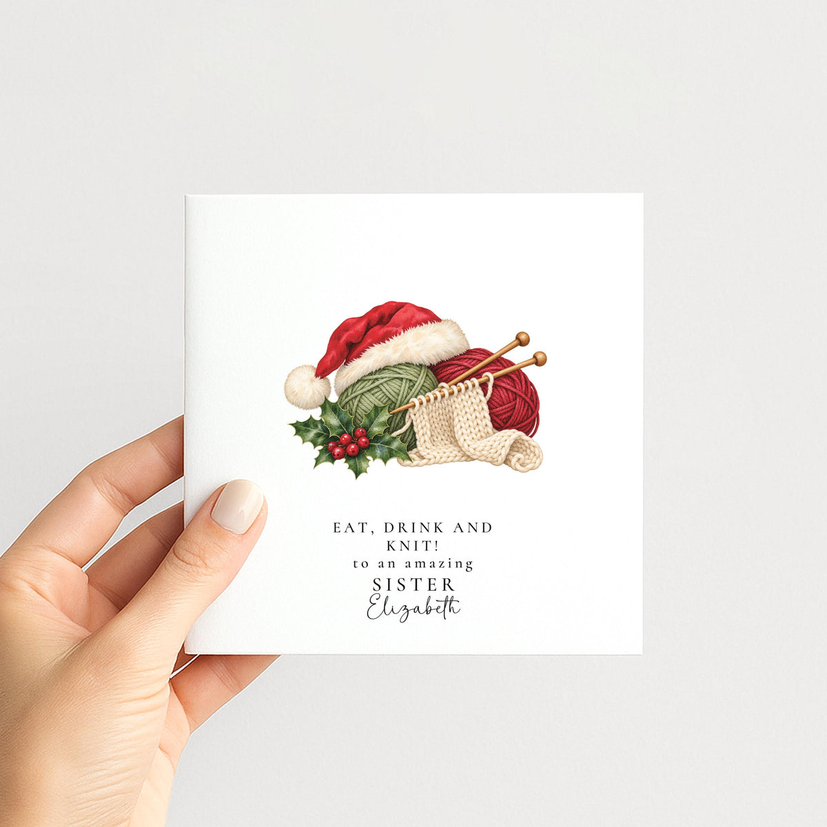 Personalised Sister Christmas Card, Knitting Santa Hat, Eat Drink And Knit, Custom Name Card WhimsiLilley