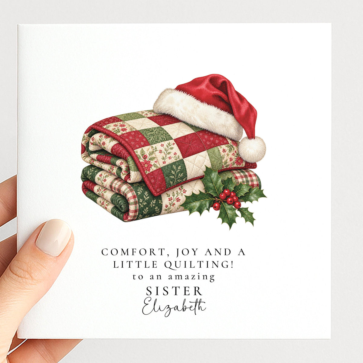 Personalised Sister Christmas Card, Quilting Santa Hat, Comfort Joy And Quilting, Custom Name Card WhimsiLilley