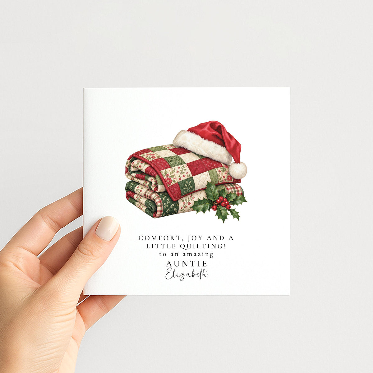Personalised Auntie Christmas Card, Quilting Santa Hat, Comfort Joy And Quilting, Custom Name Card WhimsiLilley